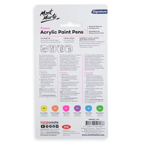 Mont Marte Fluoro Acrylic Paint 6 Pens Set - Fine Tip - Image 3